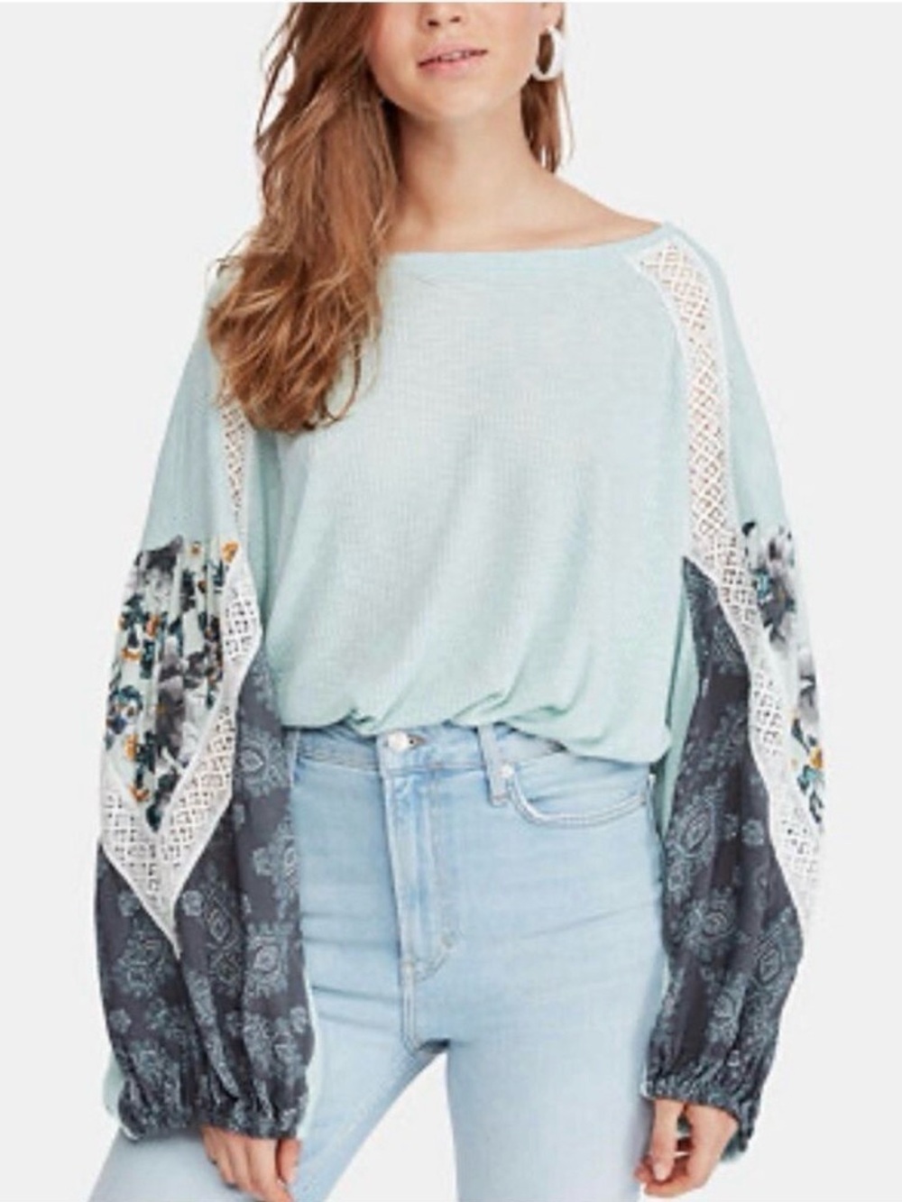 Free People Casual Clash Top Oversize XS balloon sleeve aqua lace Bohemian